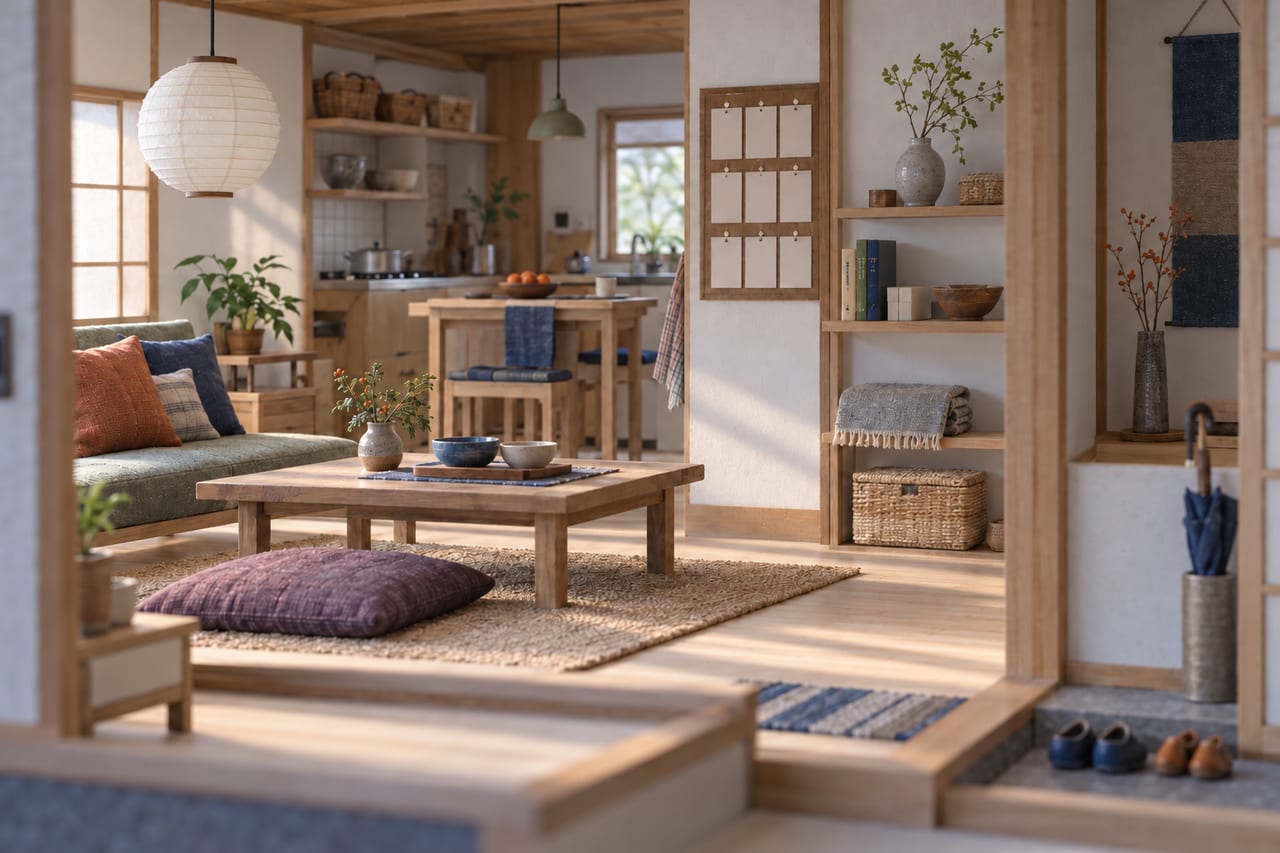 A card model of a family living kitchen in early morning light: lidded baskets on open shelves, a wall calendar of cards and the lanterns off.