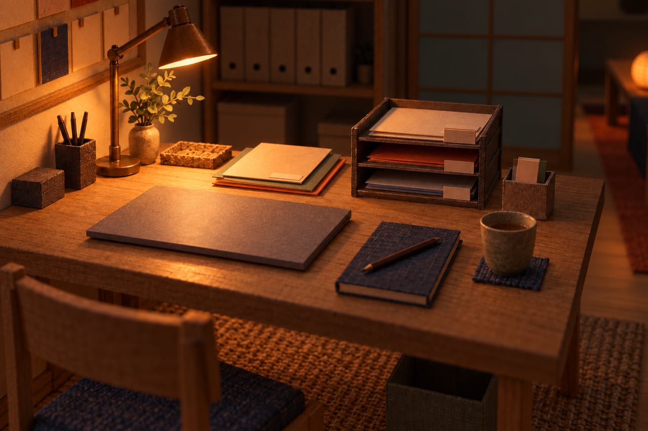 The same card model desk at lamplight, cleared: sorted letter trays, a closed laptop and a notebook on a clear desk.