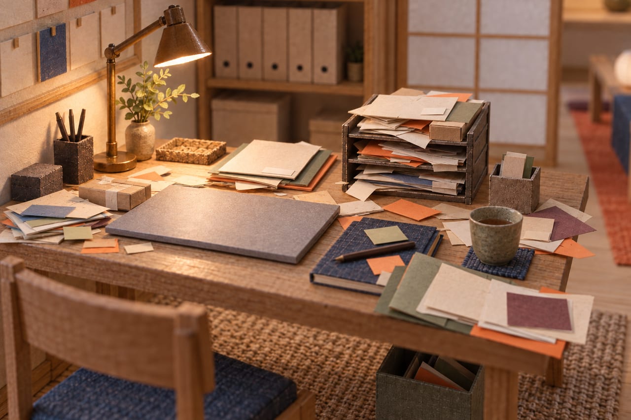 A card model of a desk before the inbox is cleared: letter trays overflowing with envelopes and loose papers, post and notes heaped beside a closed laptop.
