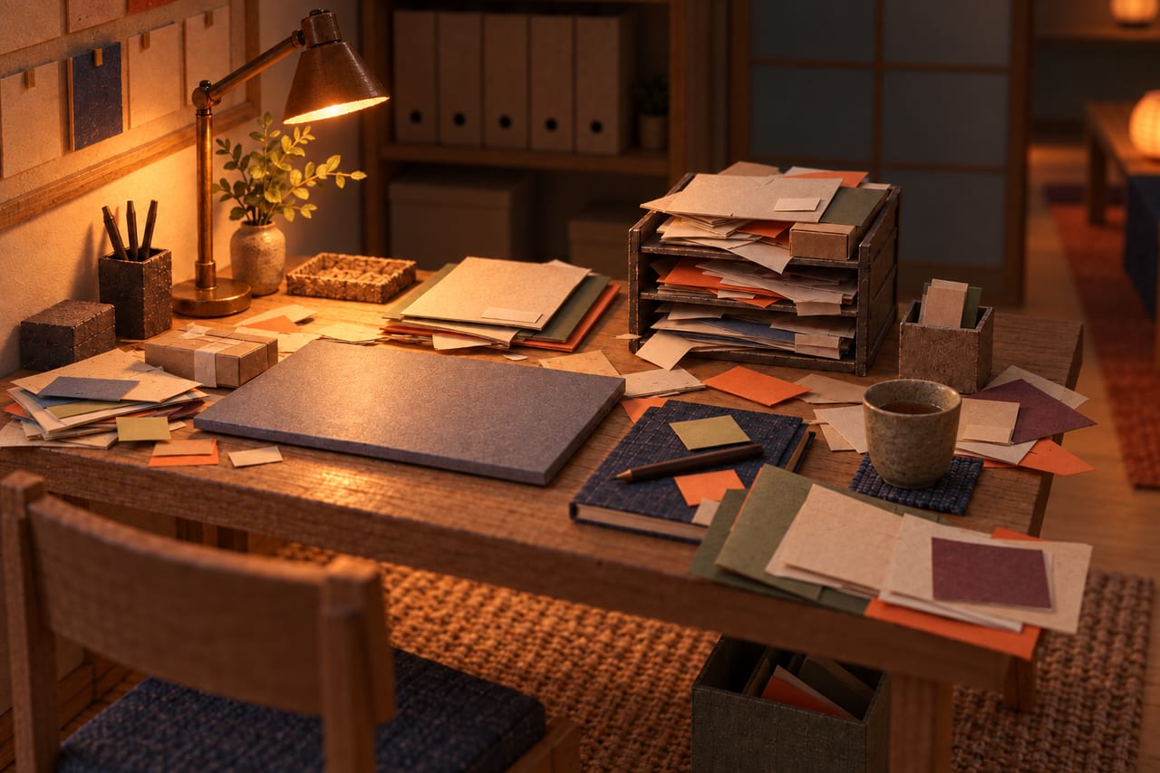 The same card model desk at lamplight before the inbox is cleared: letter trays overflowing and post heaped beside a closed laptop.