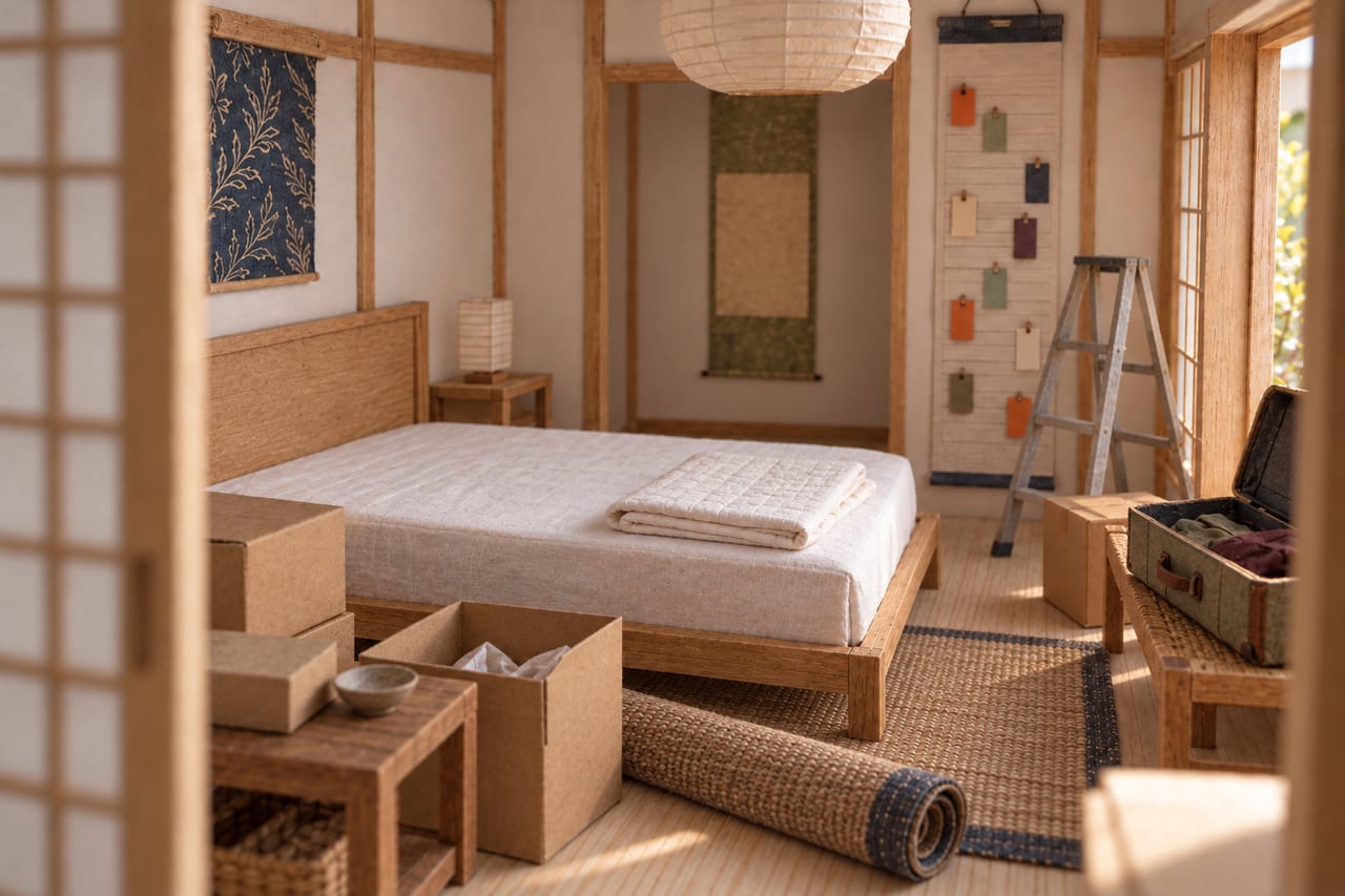 A card model of a holiday-let bedroom before it is made ready: a bare bed, cardboard boxes and a rolled rug on the floor, a stepladder and an open suitcase.