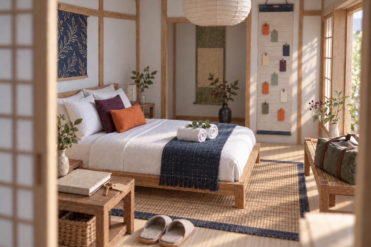 The same card model bedroom in early morning light, guest-ready, the lantern off.