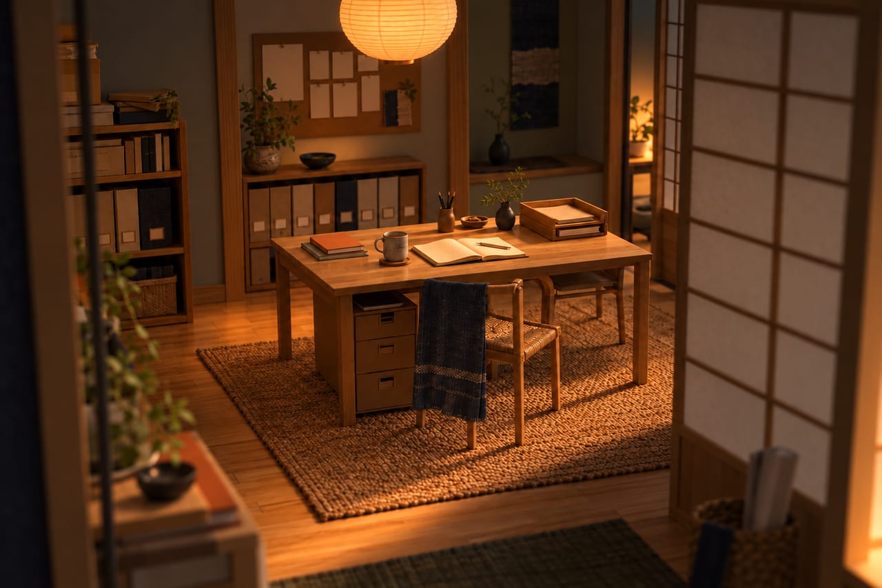 The same card model studio at lamplight, set up: the diary open on a clear desk and papers filed into labelled box files.