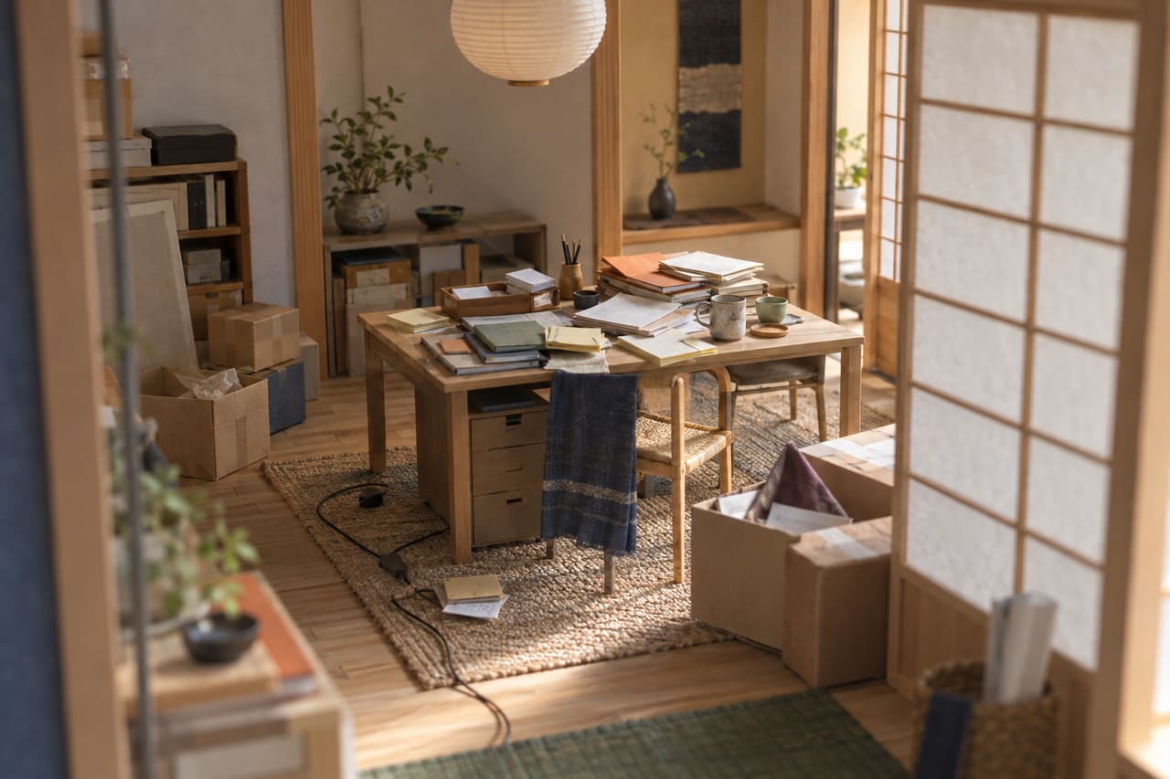 A card model of a new business's first desk before it is set up: papers piled at angles, blank notes everywhere, boxes unopened and the diary buried under folders.