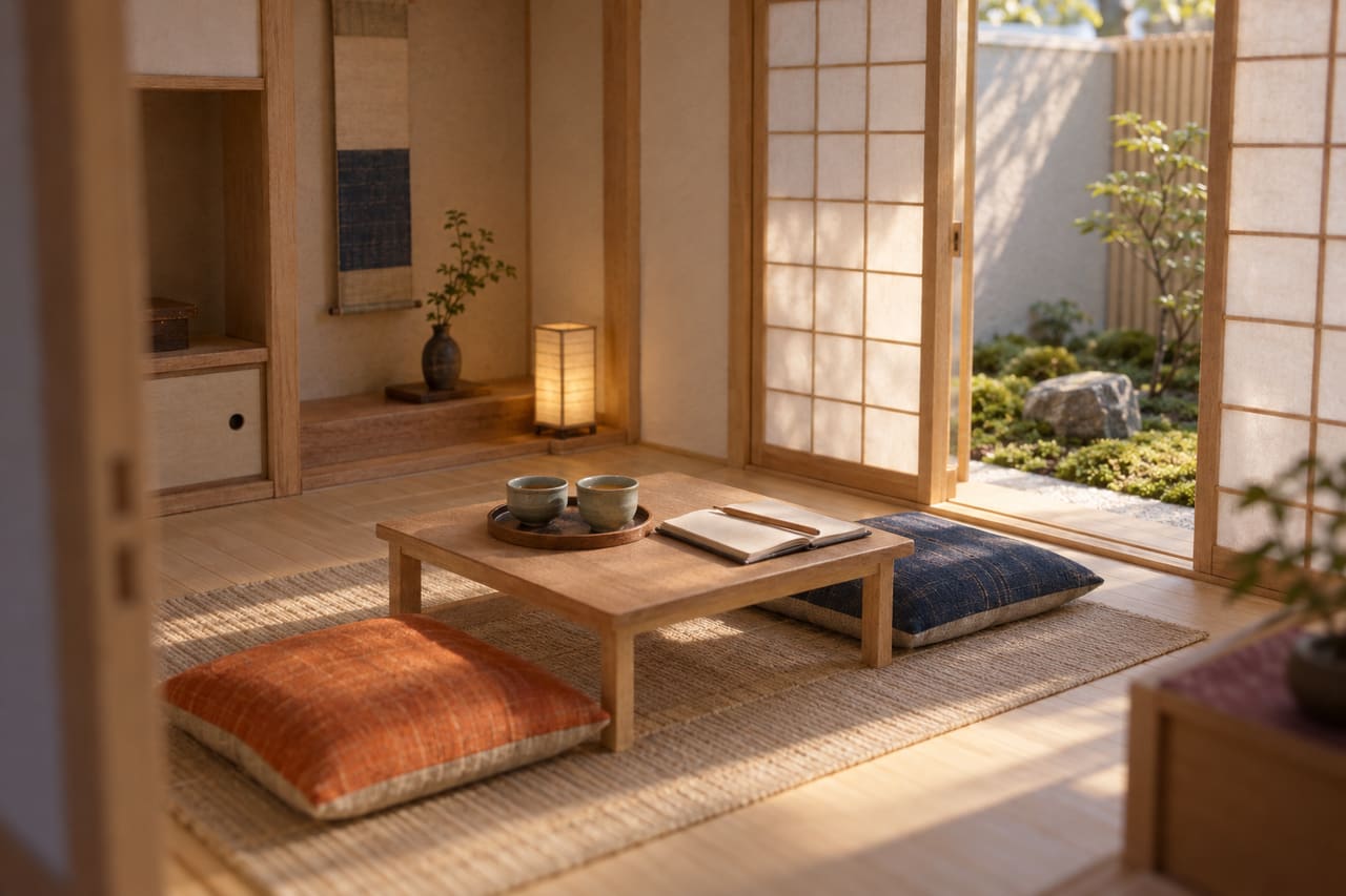 A card model of a quiet room for a first conversation: two linen cushions at a low table, two cups of tea and a screen open on to a small moss garden.