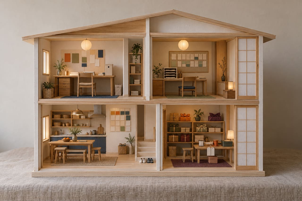 A card model house, close on its front step and timber base.