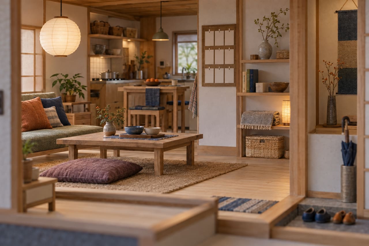 A card model of a family living kitchen: lidded baskets on open shelves, a wall calendar of cards, a styled shelf and shoes by the step.