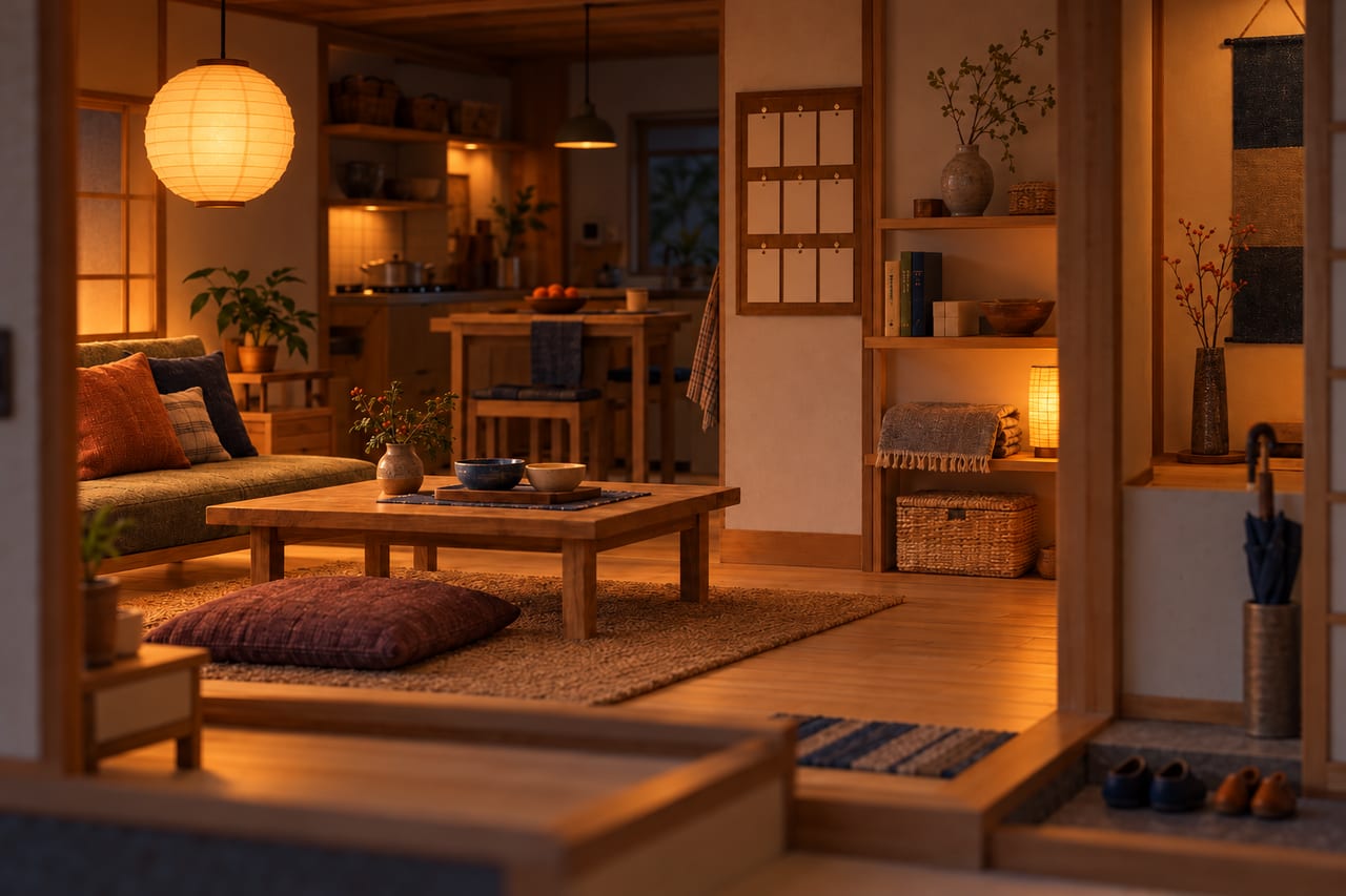 A card model of a family living kitchen at lamplight: lidded baskets on open shelves, a wall calendar of cards and a styled shelf.