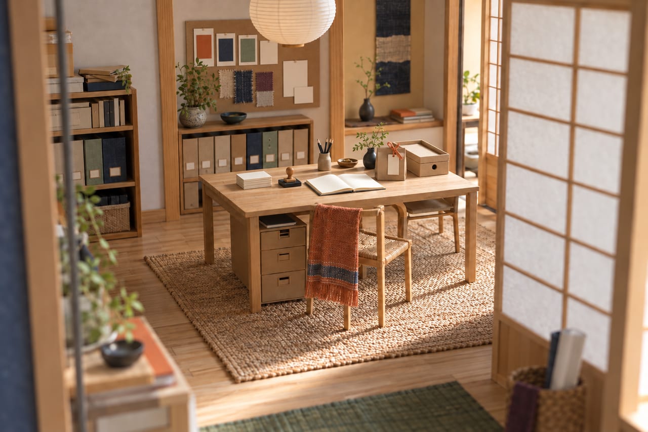 A card model of a studio with its look set: a pinned board of colour swatches, blank cards, a small stamp and a wrapped paper bag on the desk.