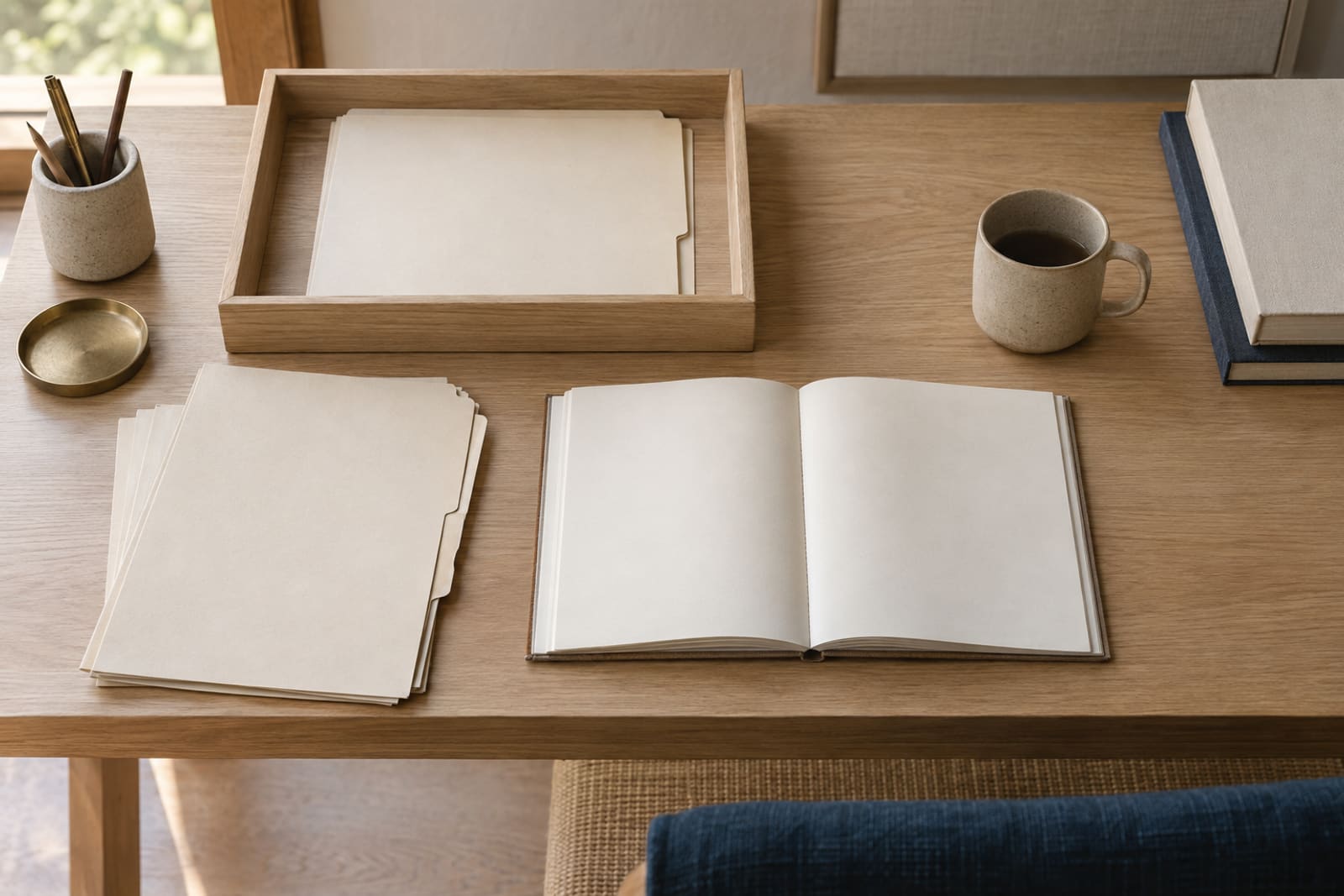 An oak desk mid set-up: plain folders laid out beside an oak tray, a planner open and a stoneware cup.