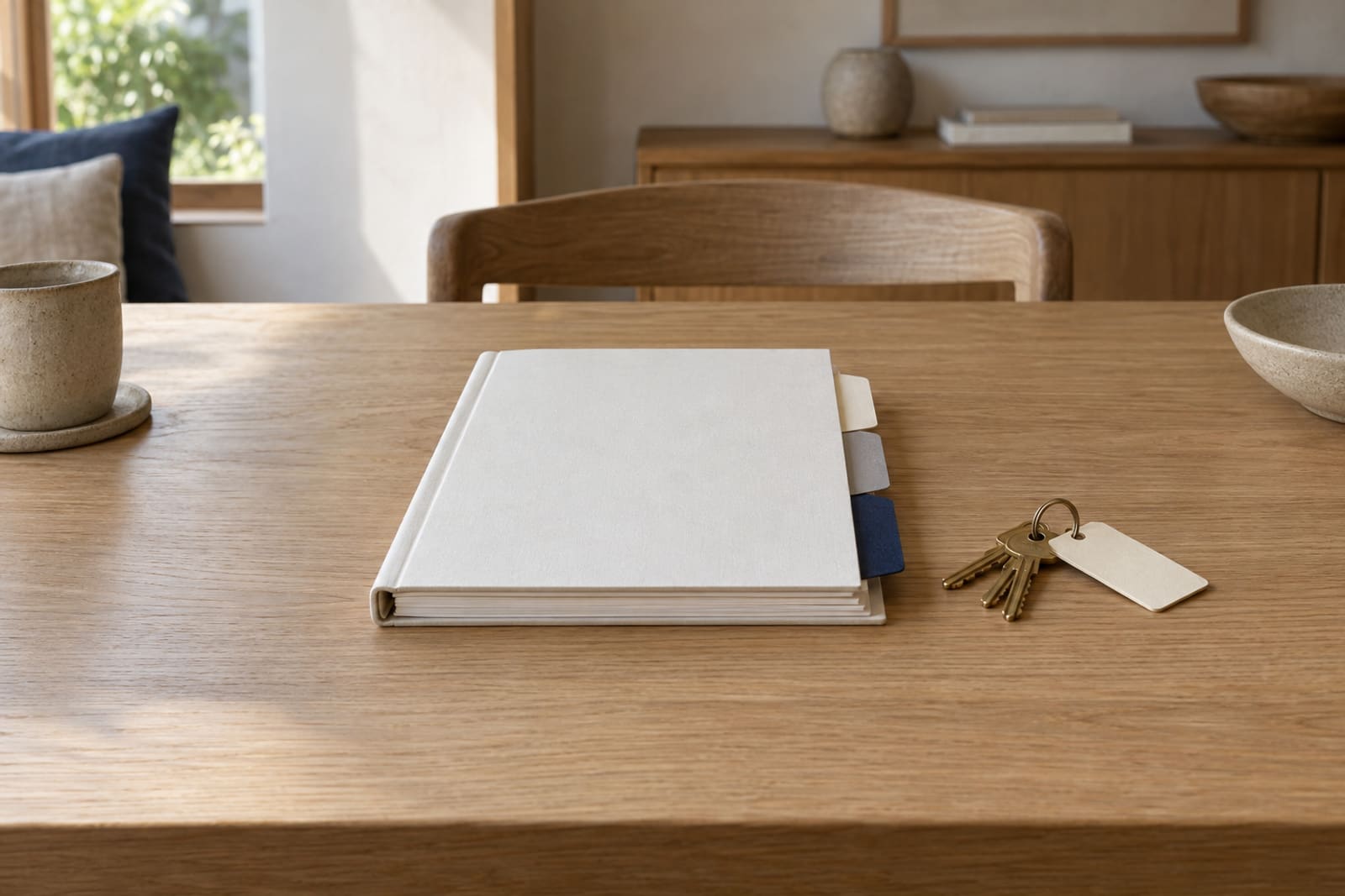 A bound guide with coloured tab dividers on a clear oak desk, beside a set of keys on a blank tag.
