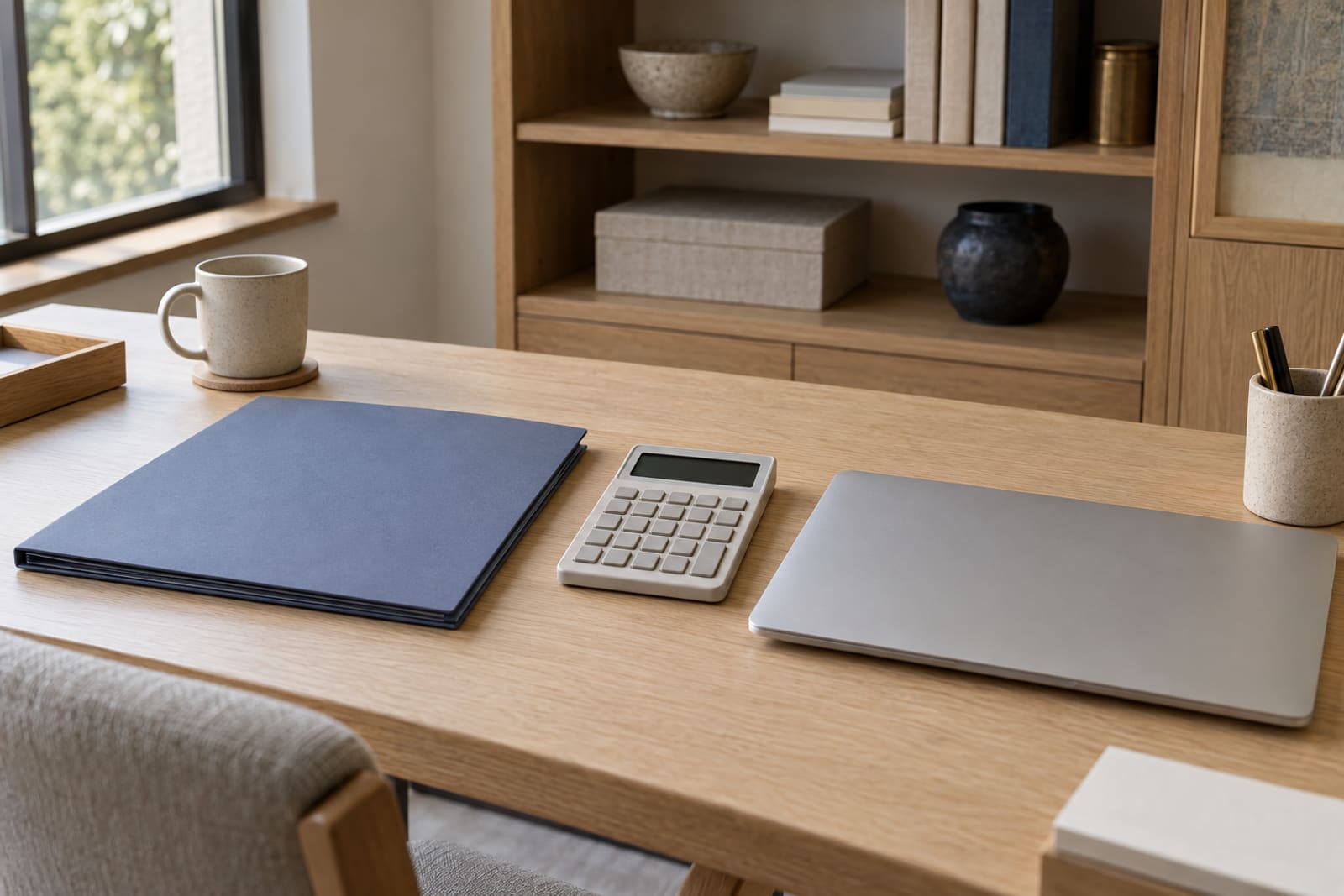 A tidy oak desk with no one at it: a closed slate blue folder set squarely beside a plain calculator and a closed laptop, with a stoneware cup.