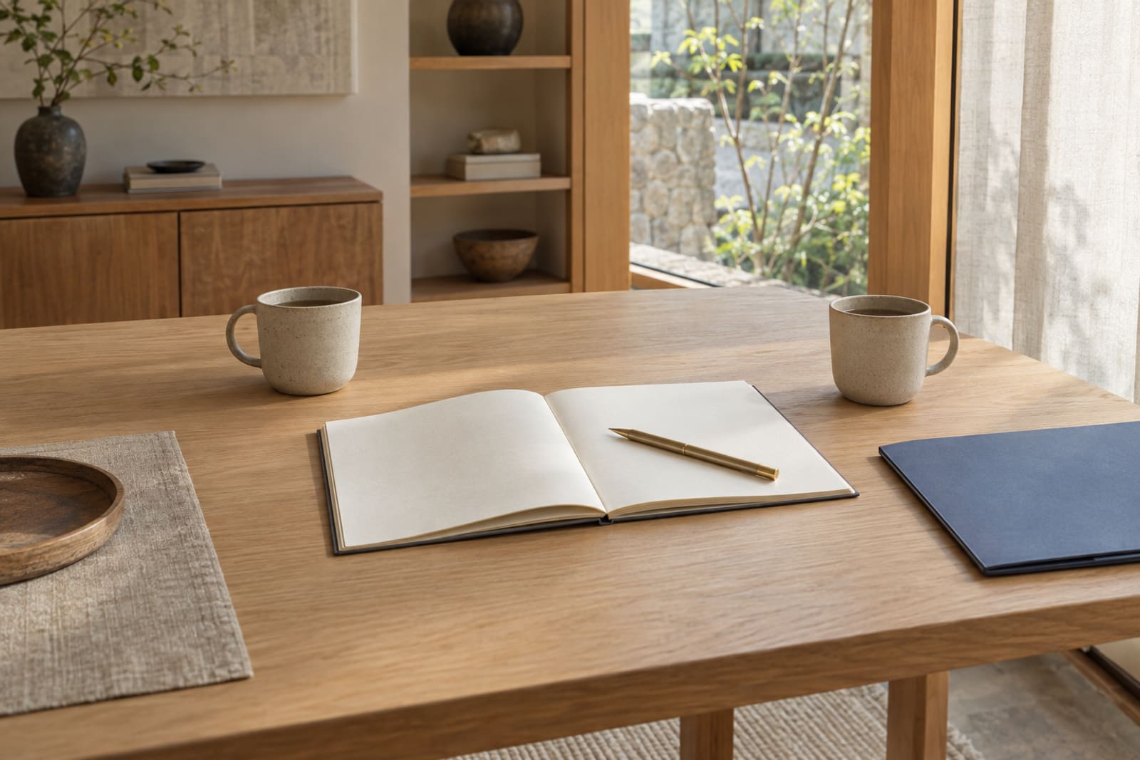 Two stoneware cups set across from each other on an oak table, an open notebook with a brass pen between them and a slate blue folder at one side.