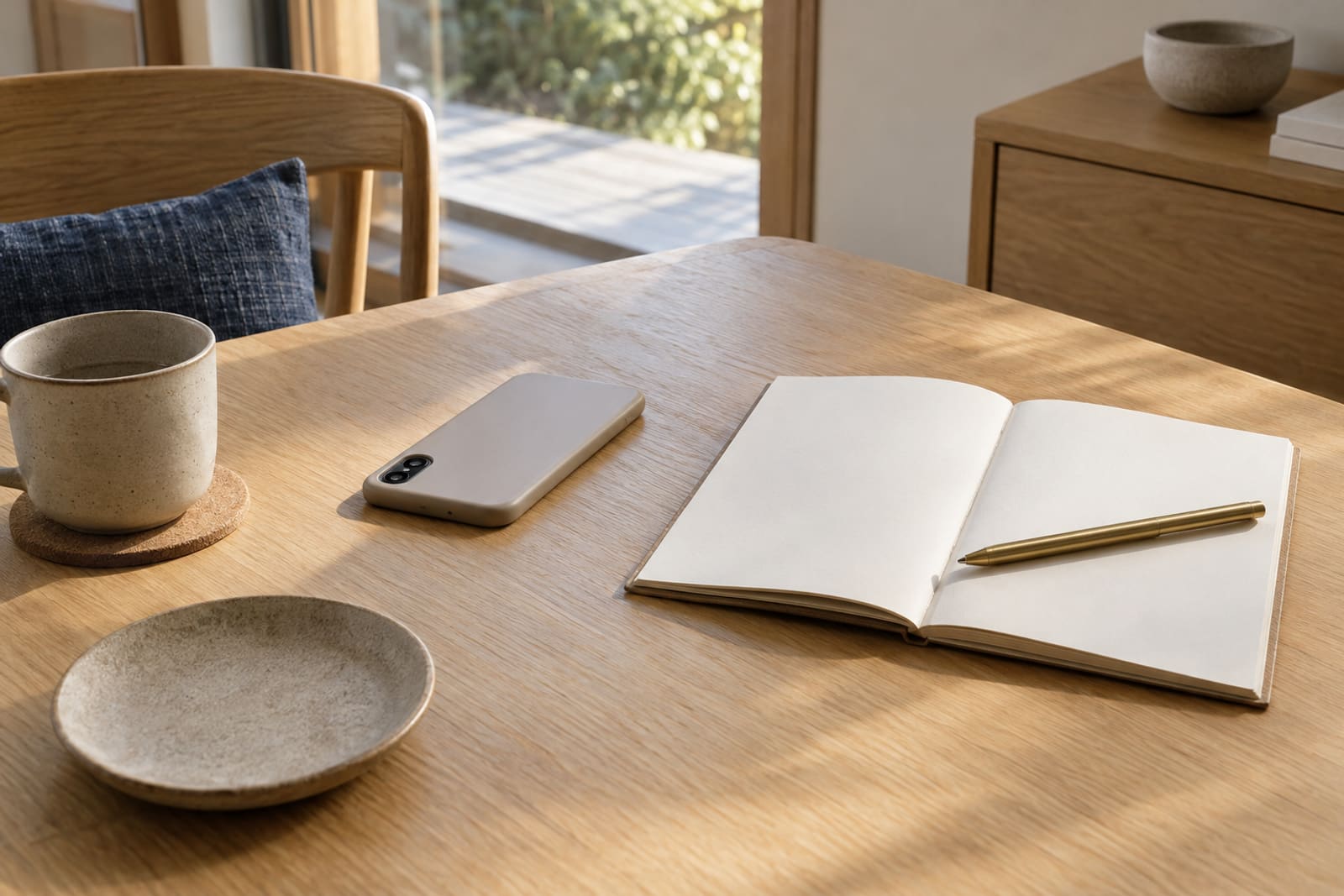 A plain phone lying face down on an oak table beside an open notebook with a brass pen across it.