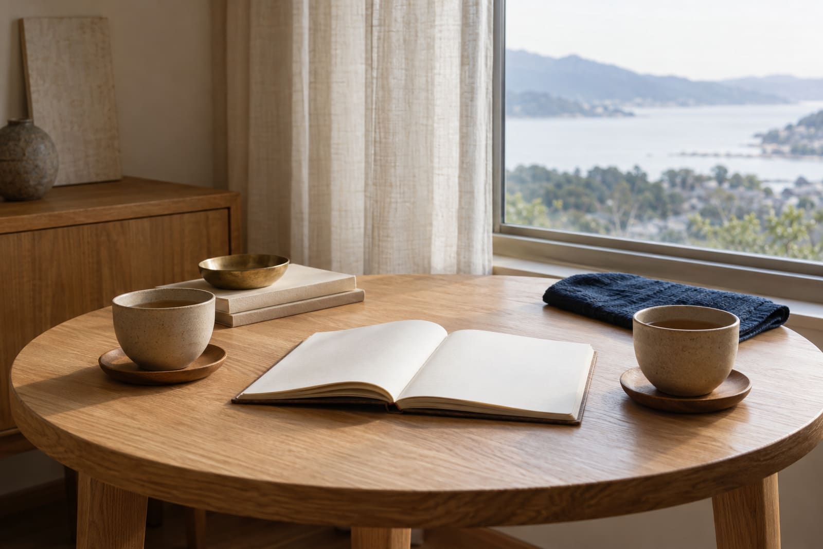 A small round oak table by a window, two stoneware cups of tea set across from each other with an open notebook between them.