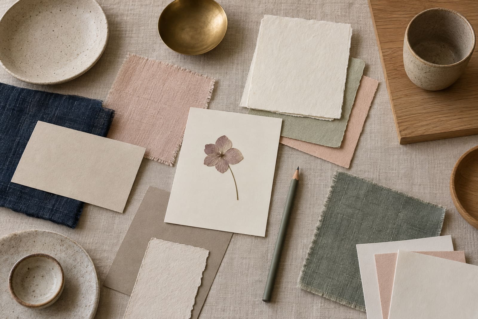 A flat lay on linen: fabric swatches in navy, green and blush, plain cards, a pressed flower card, stoneware bowls and a pencil.