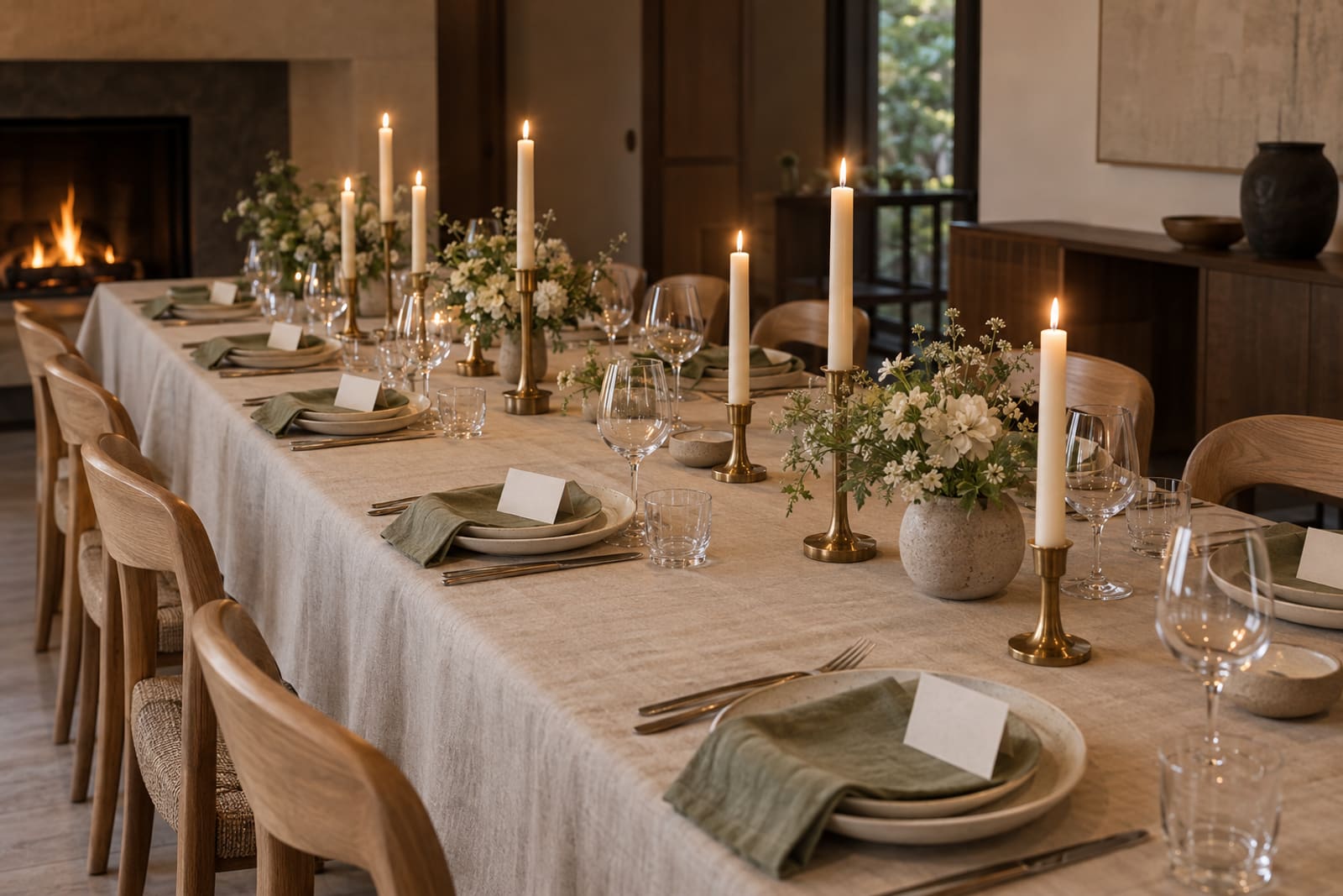 A long table laid for a party by firelight: a linen cloth, candles in brass holders, small posies, green napkins and blank place cards.