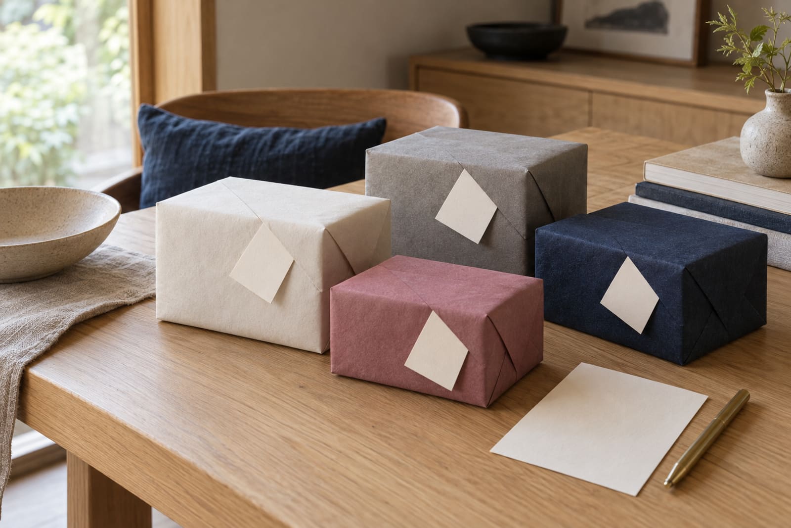 Gifts wrapped in plain cream, grey, navy and rose paper, each with a blank tag, on an oak table beside a blank card and a brass pen.