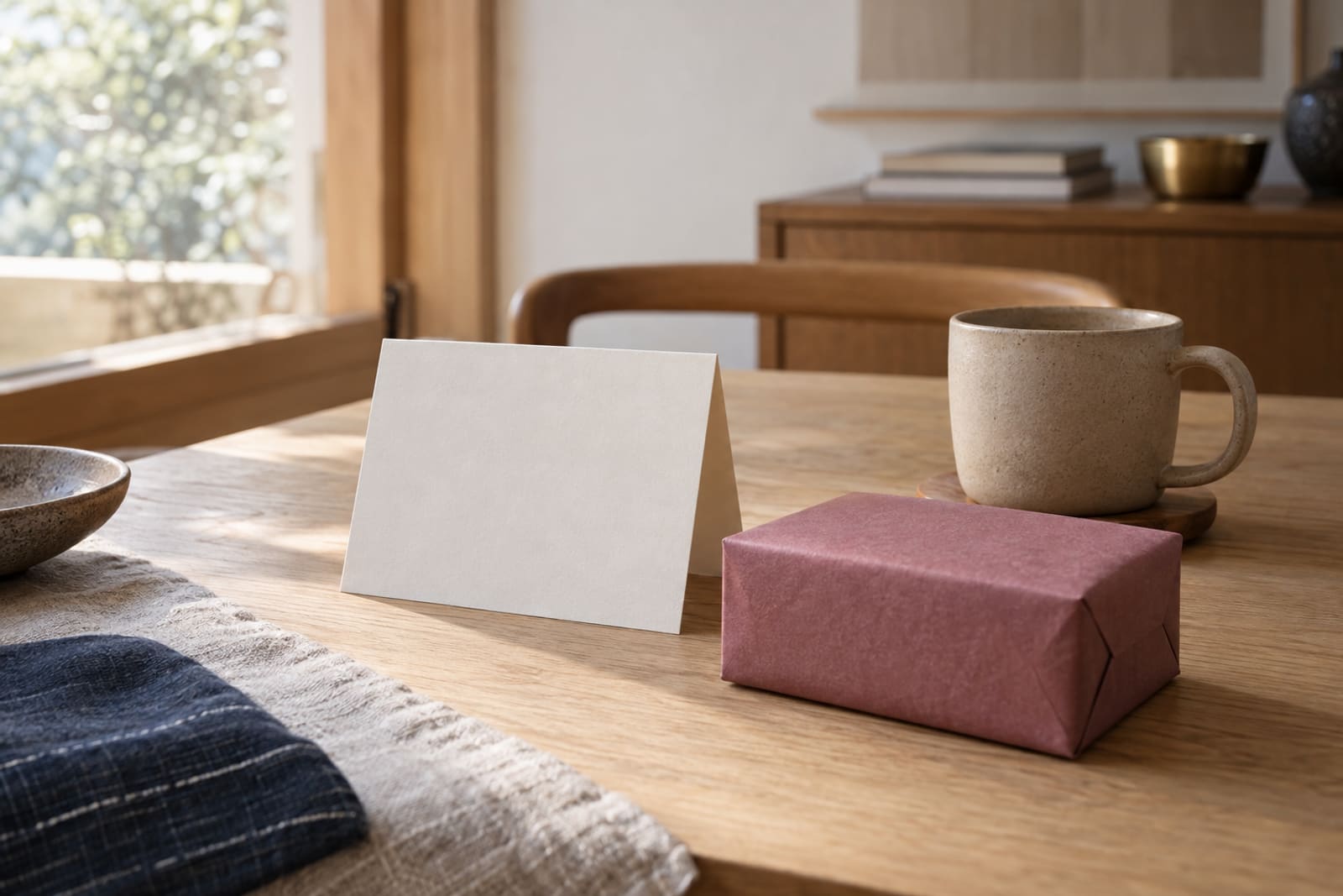 A blank folded card standing on an oak table beside a small gift wrapped in rose paper and a stoneware cup.