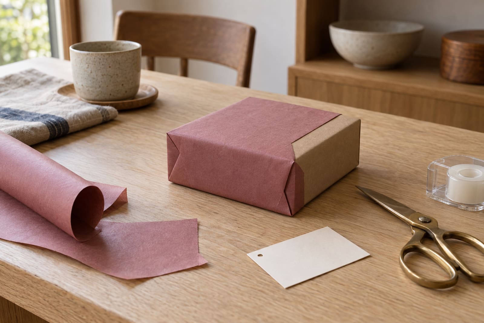 A small gift half wrapped in plain rose paper on an oak table, a blank card tag beside it with brass scissors and offcuts of the same paper.