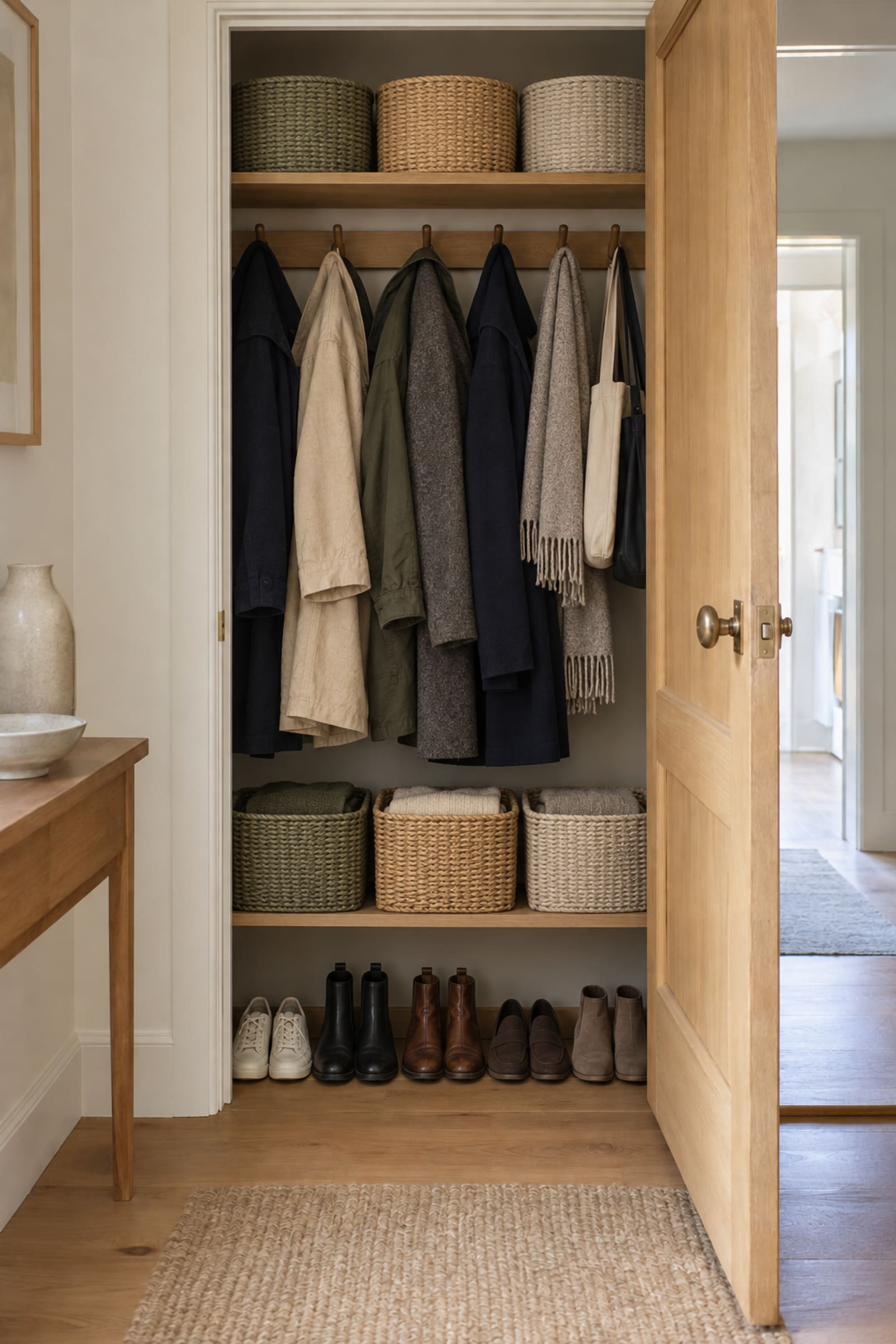 After: the same cupboard with the coats hung in a row, woven baskets on the shelves and the shoes paired along the bottom.