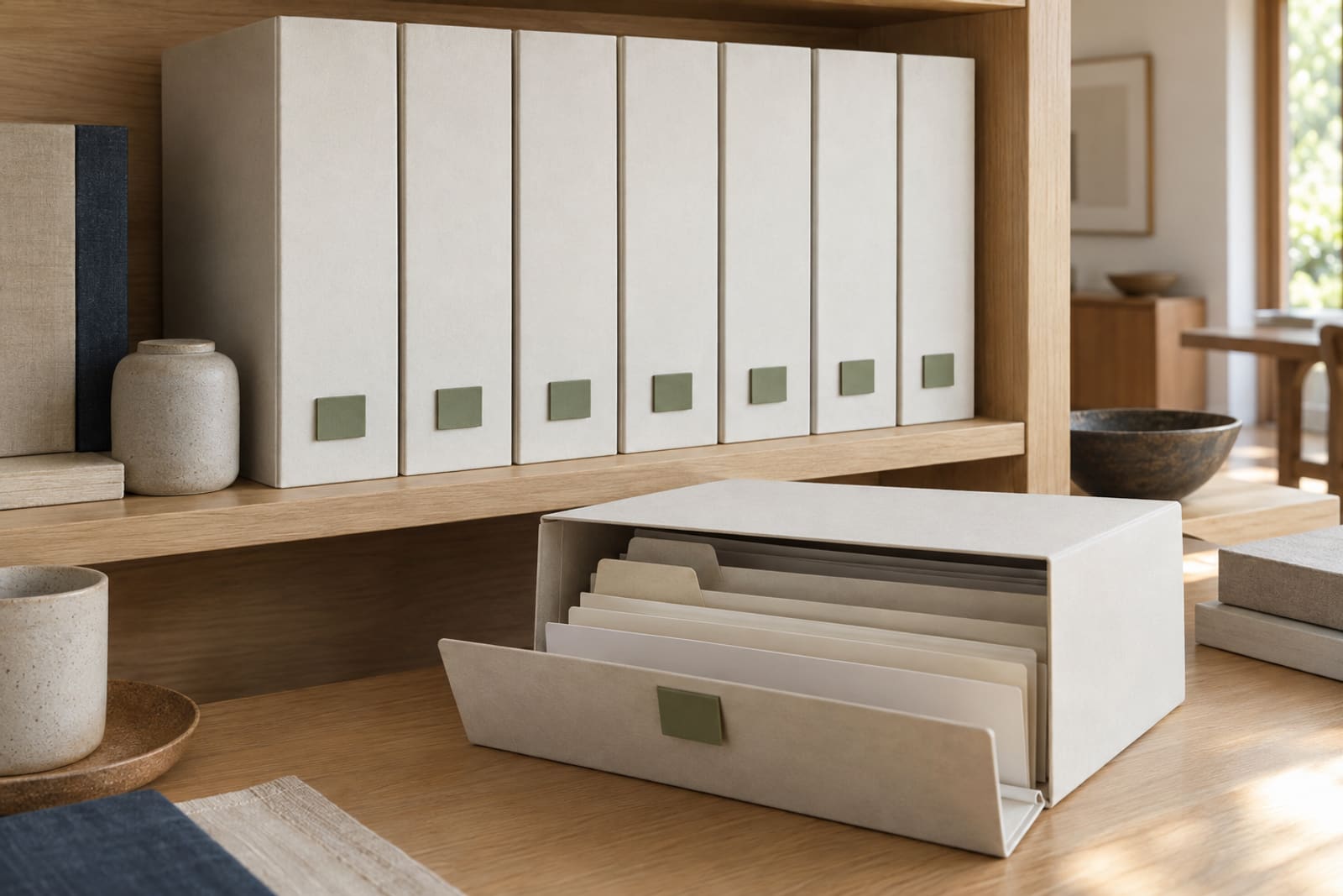 Household papers in a row of white files with green labels on an oak shelf, and an open box of filed papers in front.
