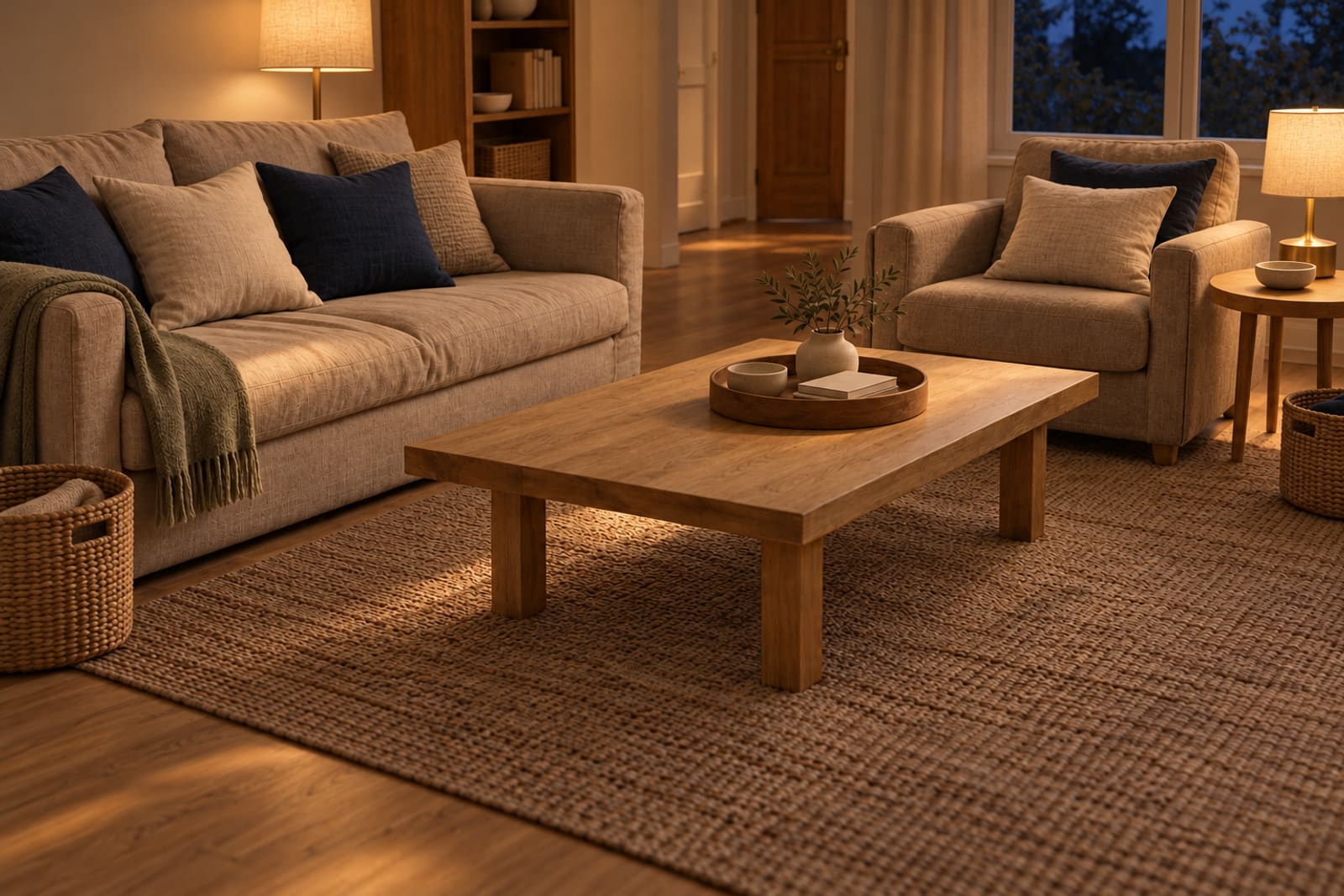 Lamplight: the same calm room in the evening, lit by two warm lamps.