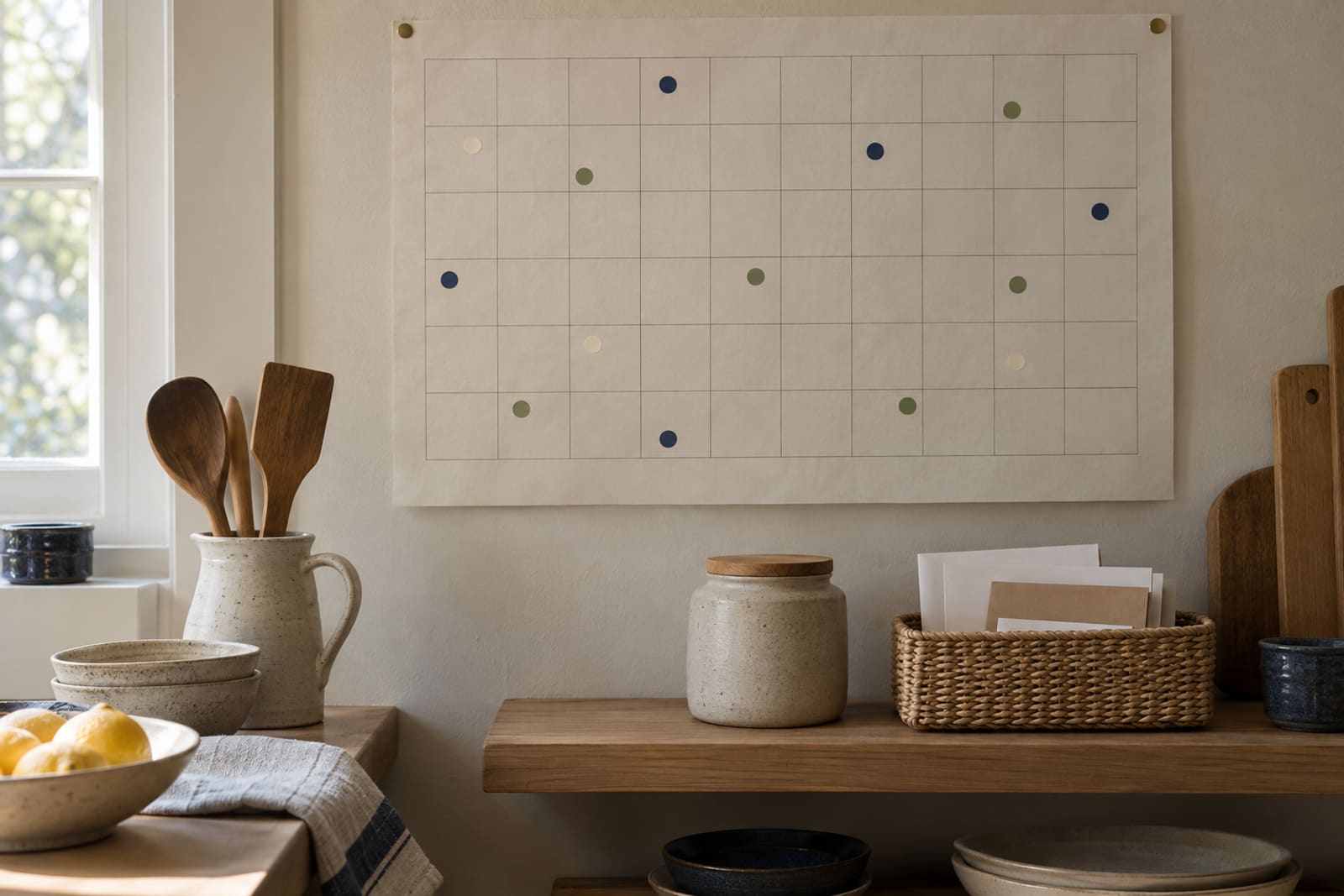A family planner wall in a calm kitchen: a white grid with small coloured dots, and a shelf below with a stoneware jar and a basket of post.