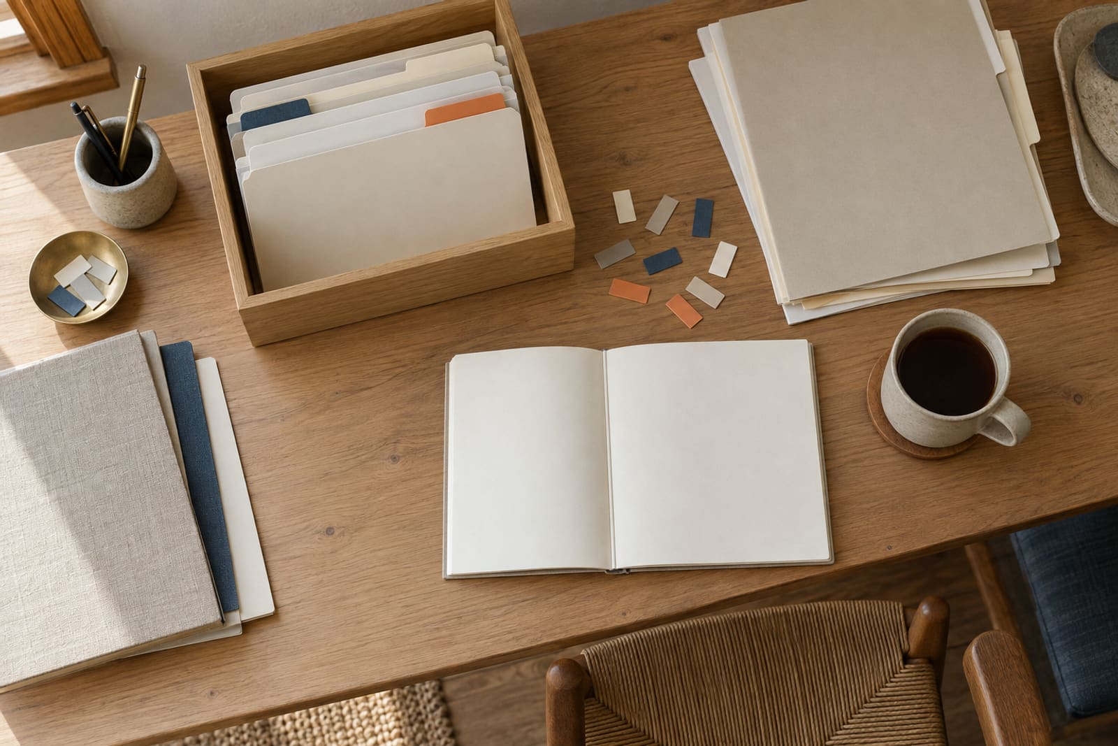 A desk mid set-up, seen from above: folders being sorted into an oak tray, coloured tabs ready to place, a planner open.