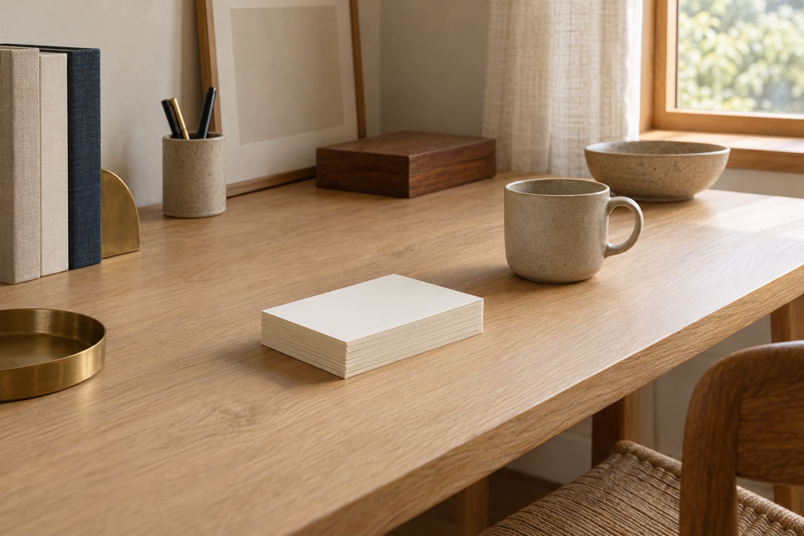A calm oak desk with a squared stack of plain ivory index cards and a stoneware cup beside it.