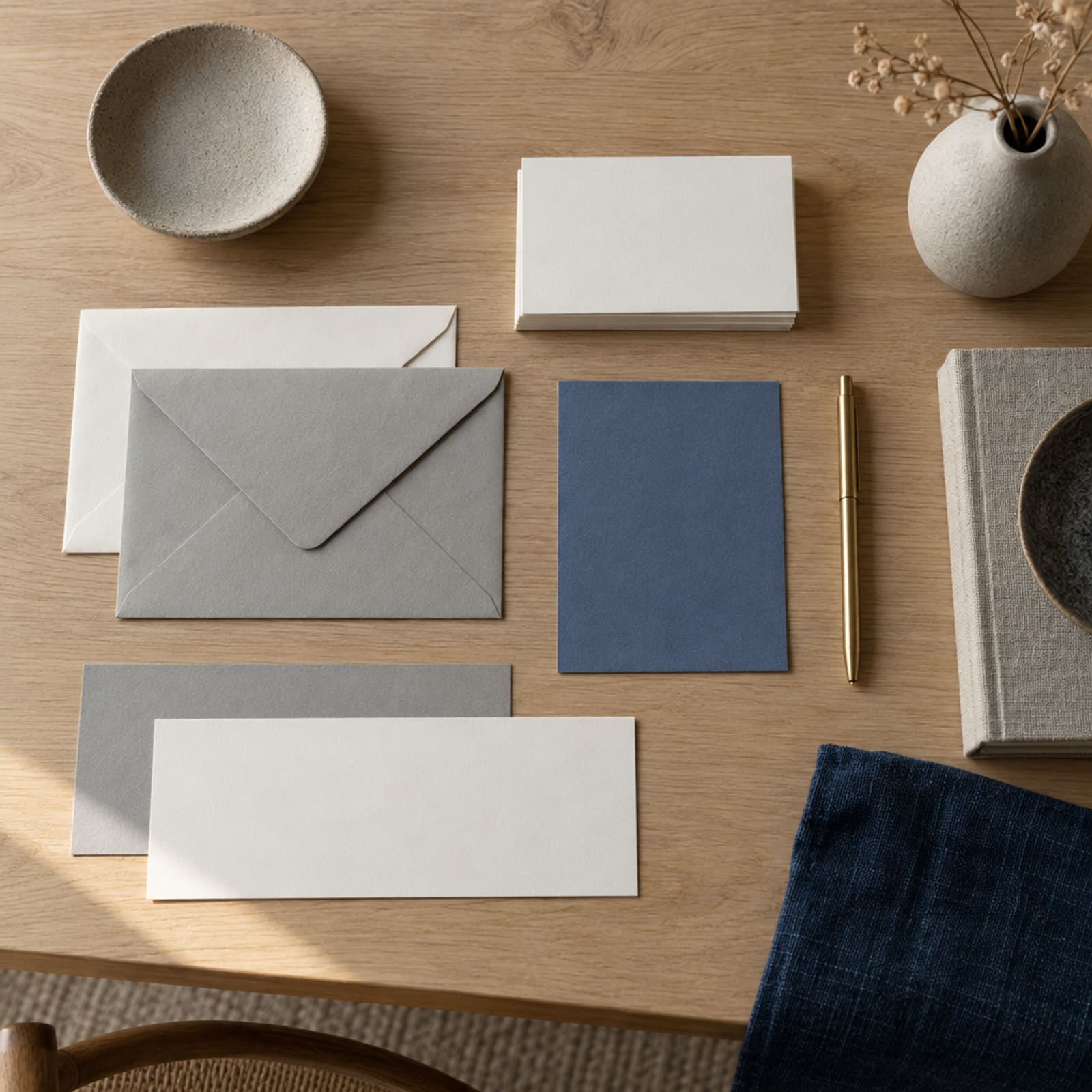 A flat lay of plain cards, envelopes and compliment slips in ivory and warm grey, one slate blue card among them, and a brass pen.