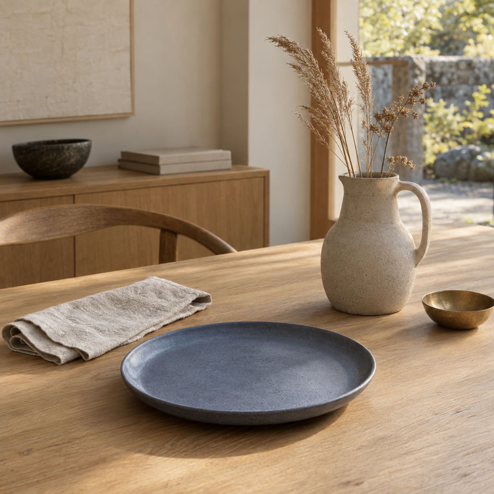 A stoneware jug of dried grasses on an oak table, a folded linen napkin and a slate blue plate in front.