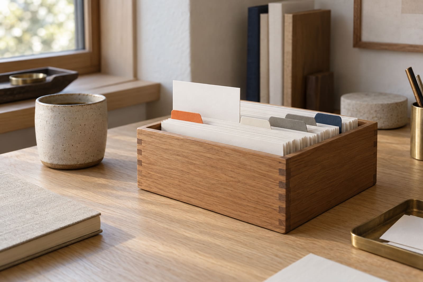 A wooden index-card box on a pale oak desk, its blank cards divided by coloured tabs, one card raised above the rest.