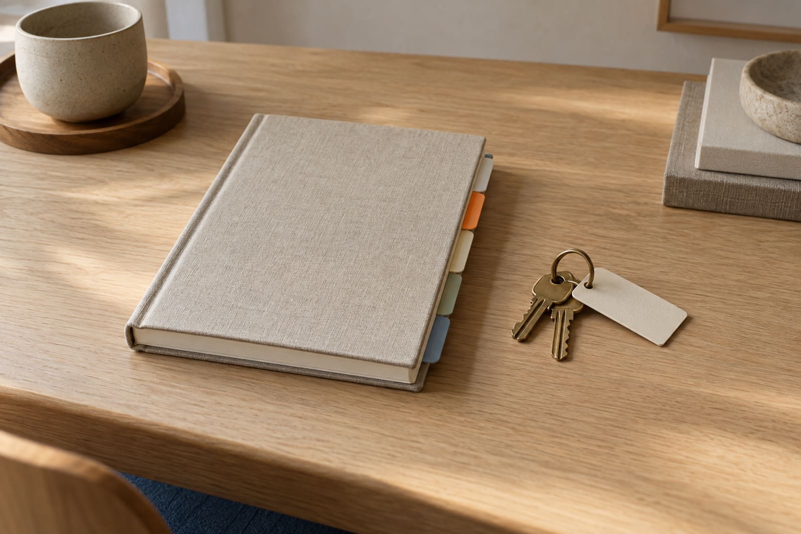 A bound guide with coloured tab dividers lying closed on a clear oak desk, beside a ring of brass keys with a blank tag.