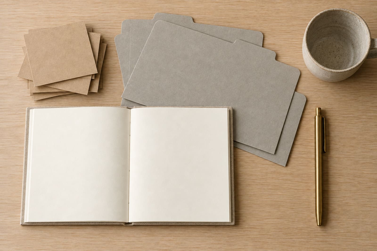 Before: a pale oak desk with loose plain kraft cards, scattered grey folders, an empty notebook and a cup pushed aside.
