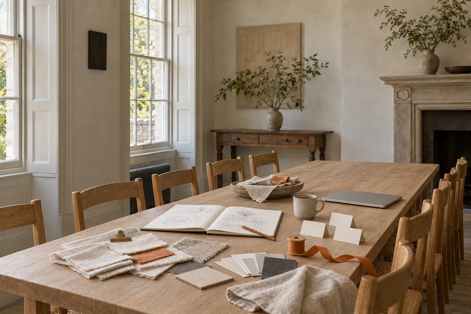 While it is planned: a long oak table with planning notes, an open notebook, blank place cards and a laptop.