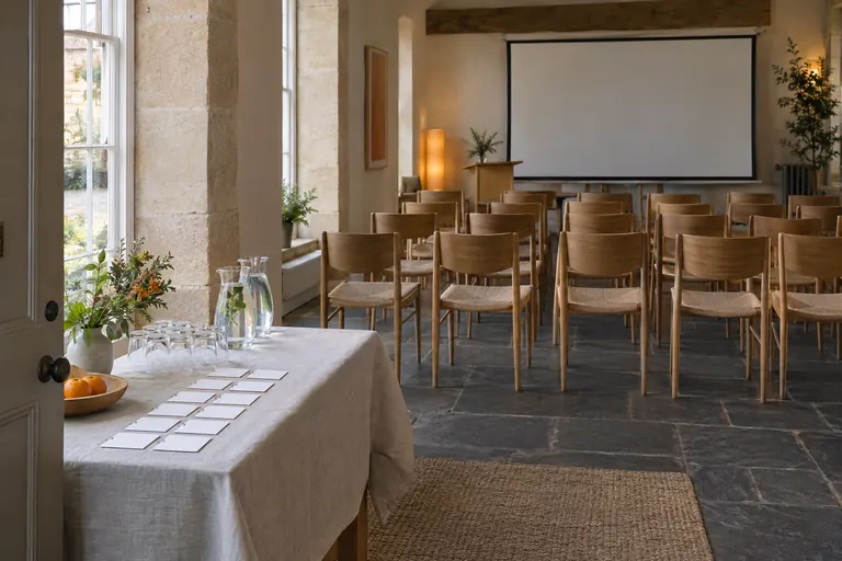 Rows of oak chairs set out in a bright stone room facing a blank screen, a welcome table by the door.