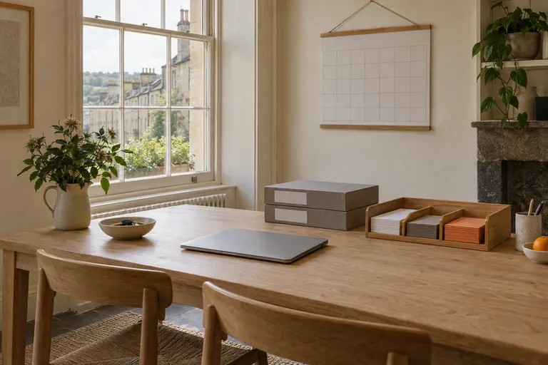 After: the same table calm and set up, a closed laptop, a slim stack of labelled box files, sorted post in an oak letter tray and a family calendar on the wall.