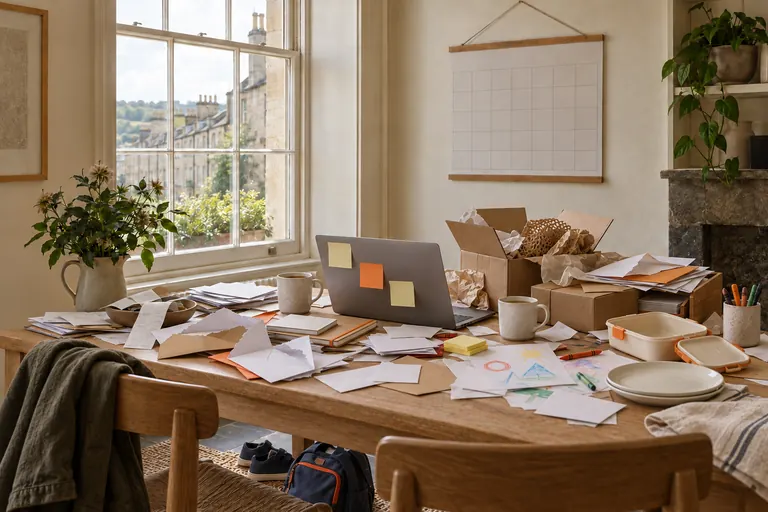 Before: a kitchen table shared by a small business and a family on a busy morning, post and invoices spread out, a child's drawings and lunchbox, two mugs and a half-opened parcel.