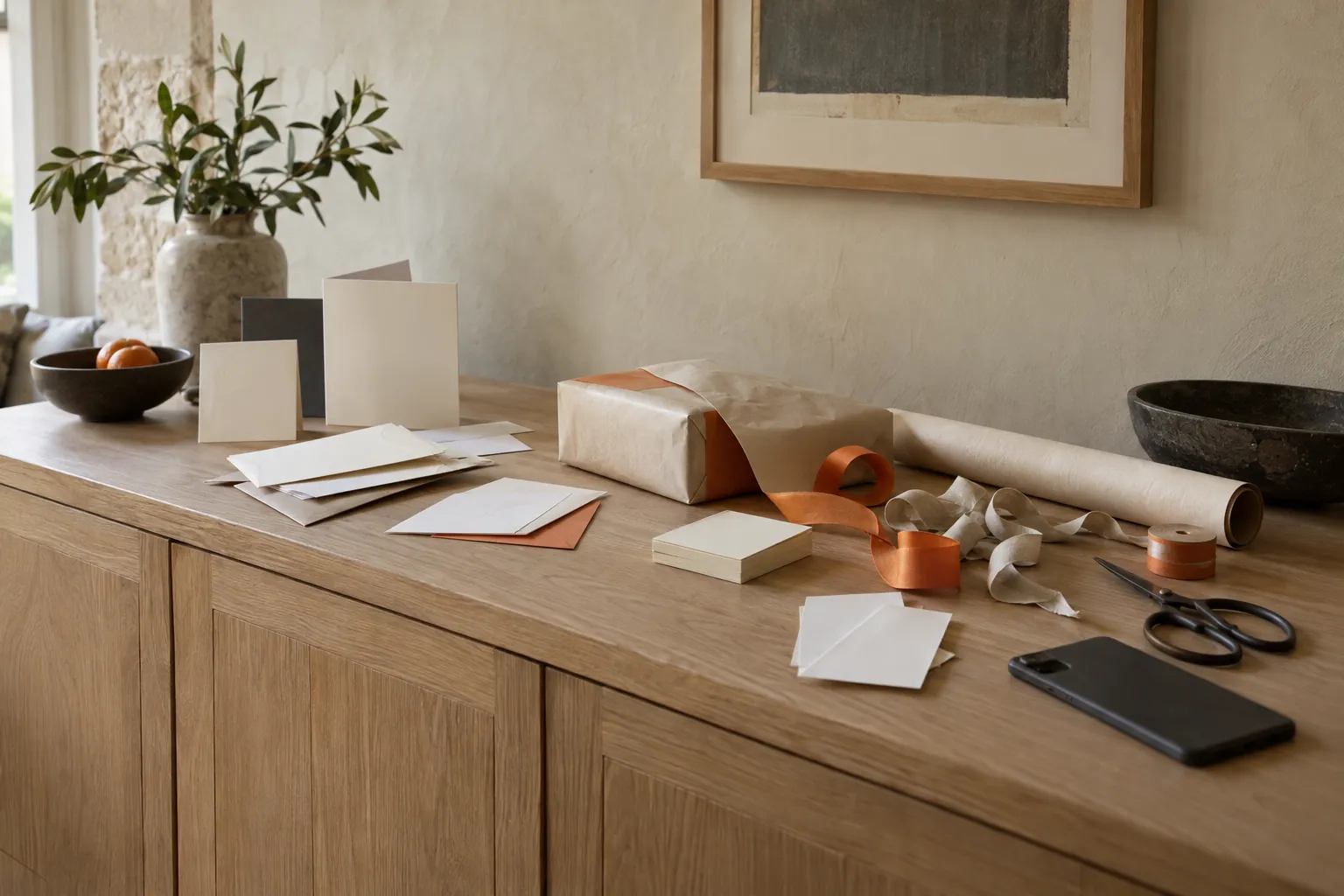 A sideboard in a muddle around gift giving: loose cards in envelopes, receipts, half-unrolled wrapping paper, a tangle of ribbon and a half-wrapped box.