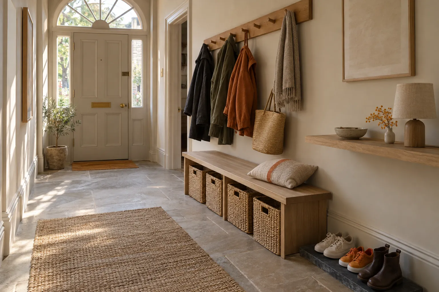 After: the same hallway calm in afternoon light, a pale-oak bench with a woven basket for each person beneath it, a few coats on the hooks and shoes paired on a slate tray.