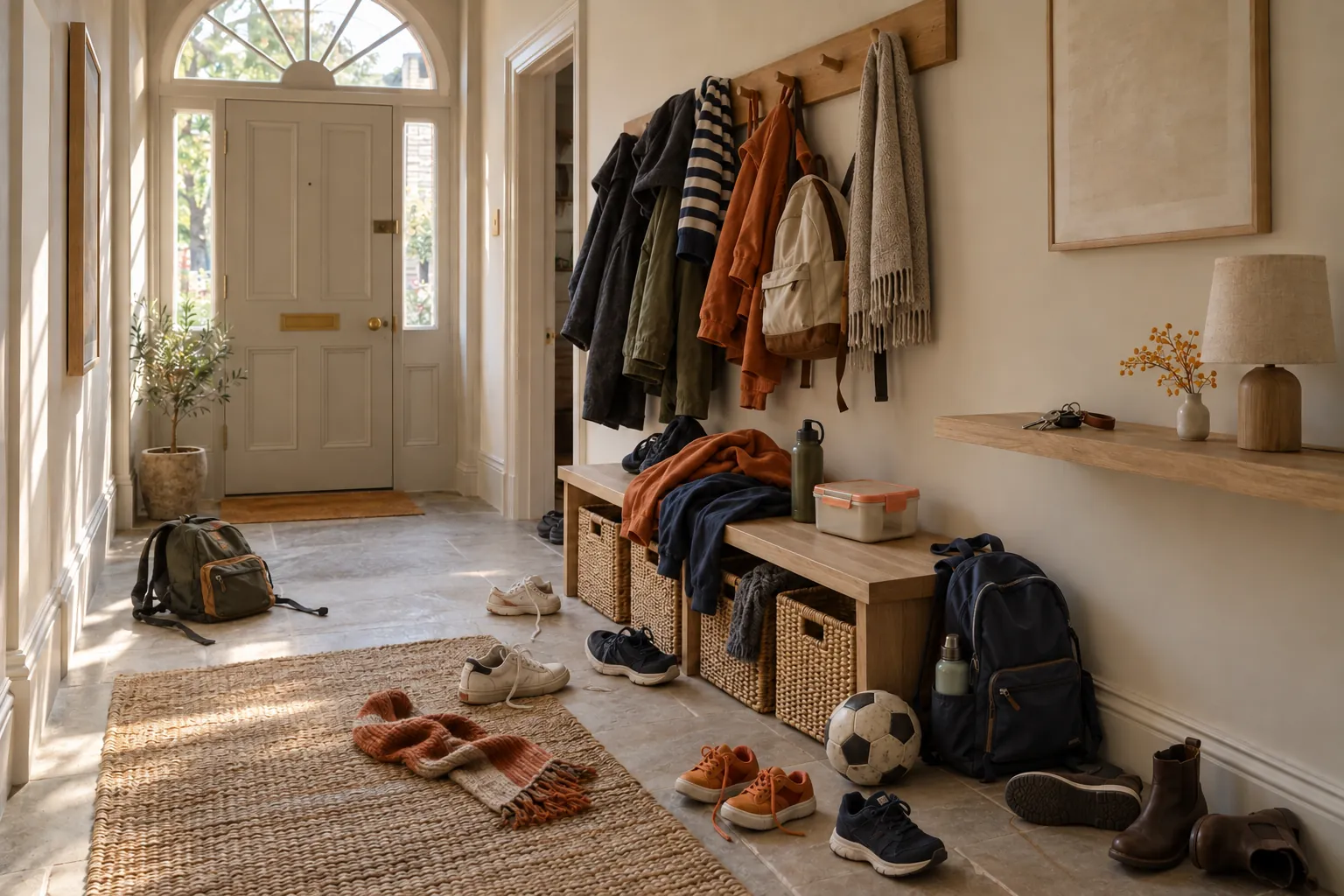 Before: a family hallway on a busy morning, school bags and shoes across the floor, coats piled on the hooks and jumpers heaped on the bench.