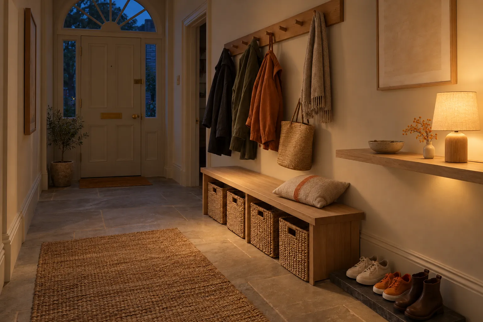 The same calm hallway in the evening, the shelf lamp lit and dusk at the fanlight.