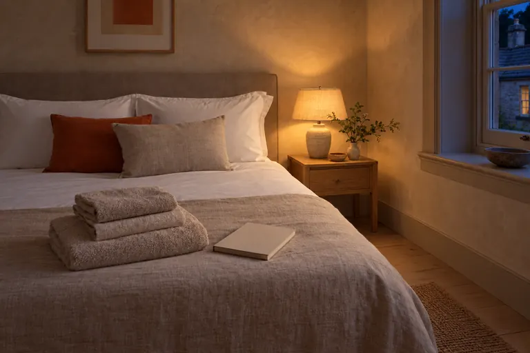 Lamplight: the guest-ready bedroom in the evening, the lamp lit.