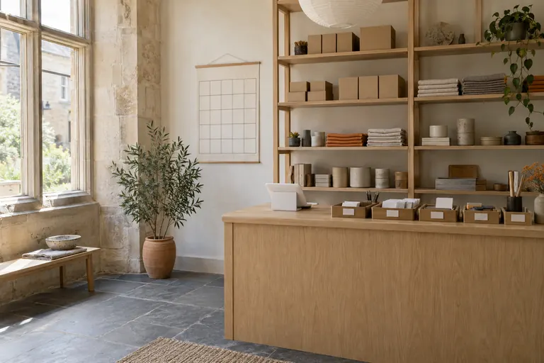 A small shop unit ready to open, a pale-oak counter with labelled trays and stock in neat rows on oak shelving.