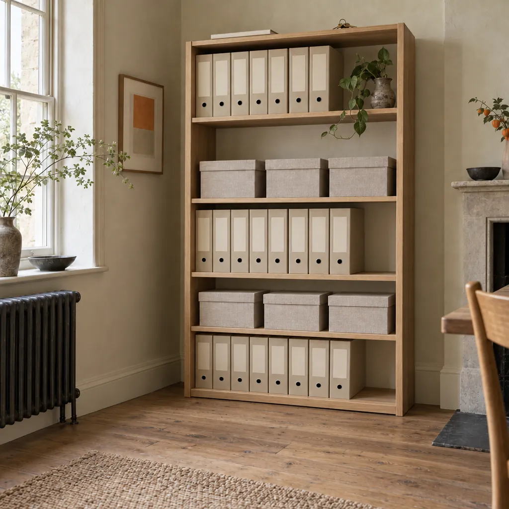 The same shelving unit finished: every shelf filled neatly, a slim how-to guide and a set of keys resting on top.
