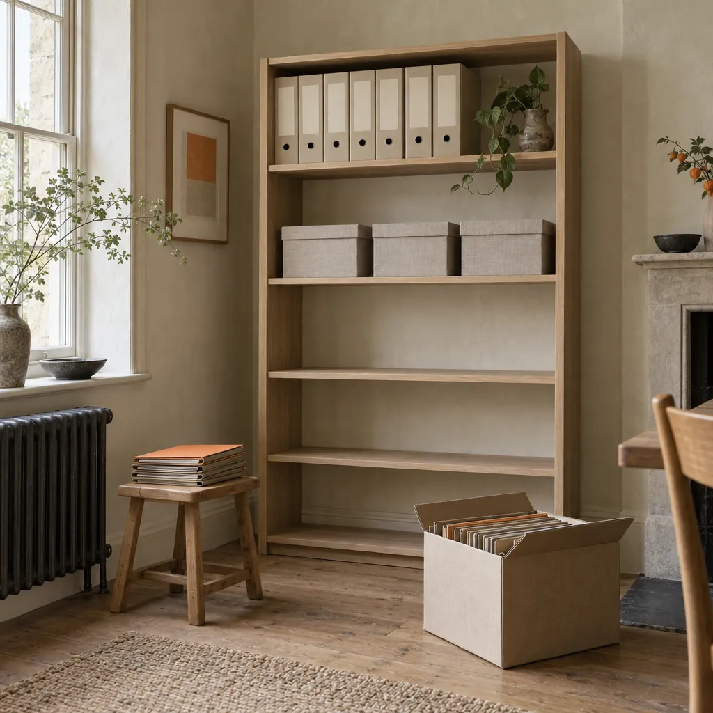 A pale oak shelving unit half way through being set up: labelled box files on the shelves, folders on a stool still to go in.